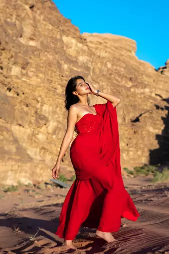 red ready made saree with stitched blouse
