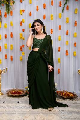 pre-stitched mehandi green drape saree 1