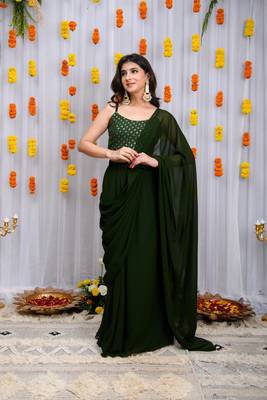 pre-stitched mehandi green drape saree 2
