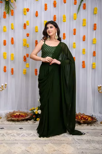 pre-stitched mehandi green drape saree