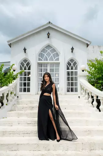 ready to wear black skirt slit saree