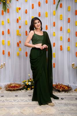 pre-stitched mehandi green drape saree 3