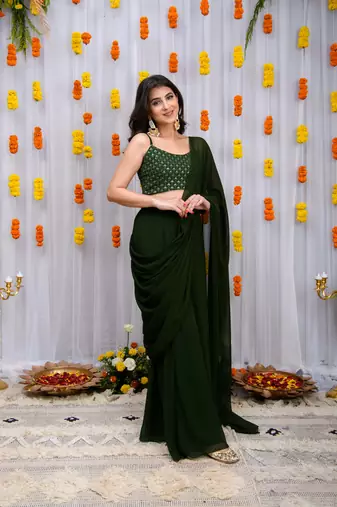 pre-stitched mehandi green drape saree