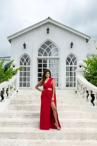 pre draped red skirt slit saree
