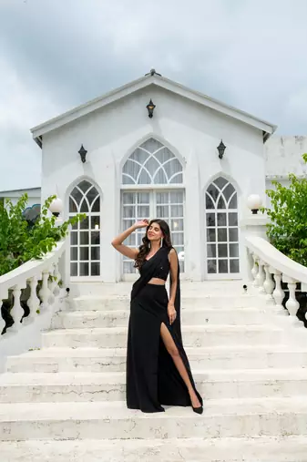 ready to wear black skirt slit saree