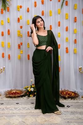 pre-stitched mehandi green drape saree 4