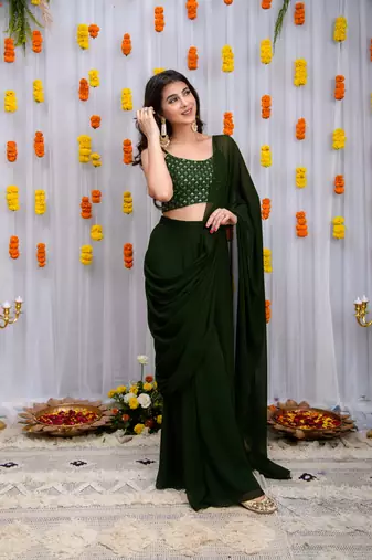 pre-stitched mehandi green drape saree