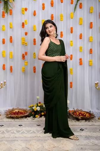 pre-stitched mehandi green drape saree