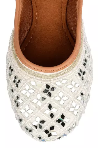 White ethnic mirror mojari flats