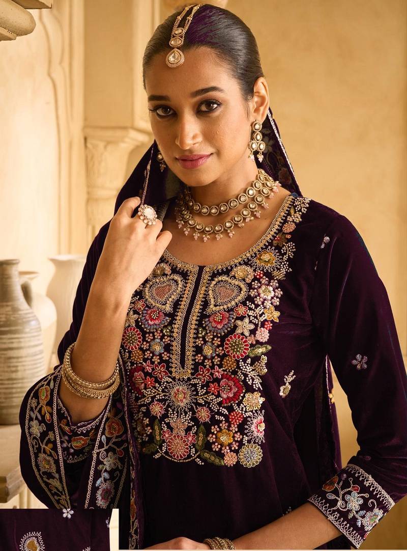 PURPLE VELVET SHARARA SALWAR SUIT