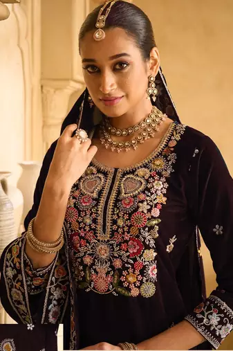 BROWN VELVET SHARARA SALWAR SUIT