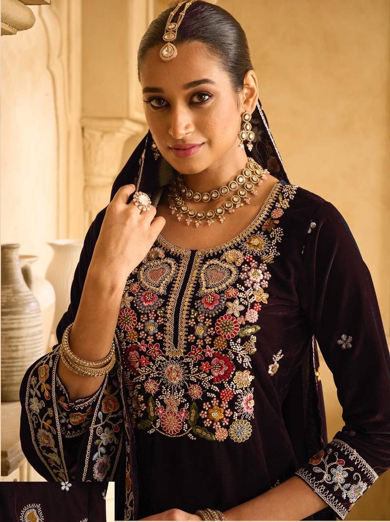 BROWN VELVET SHARARA SALWAR SUIT