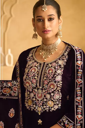 PURPLE VELVET SHARARA SALWAR SUIT