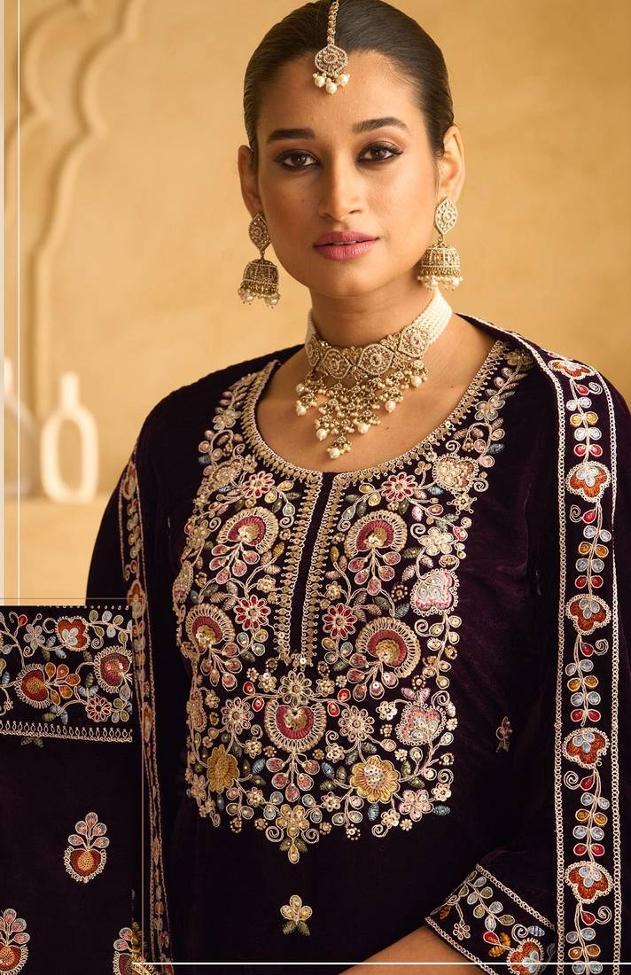 PURPLE VELVET SHARARA SALWAR SUIT