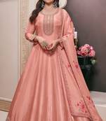 Peach Embroidered silk anarkali suit