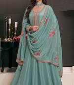 Teal Embroidered silk anarkali suit