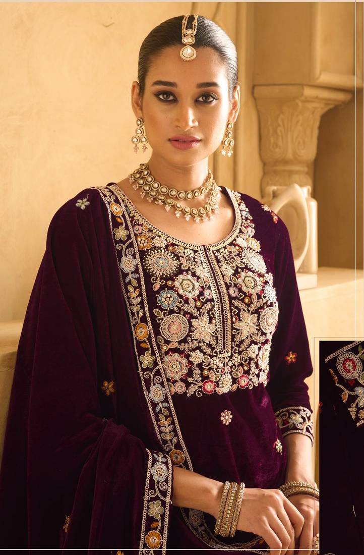 WINE VELVET SHARARA SALWAR SUIT
