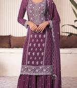 Wine Embroidered silk sharara suit