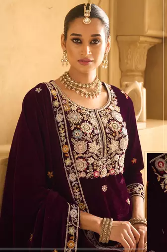 MAROON VELVET SHARARA SALWAR SUIT