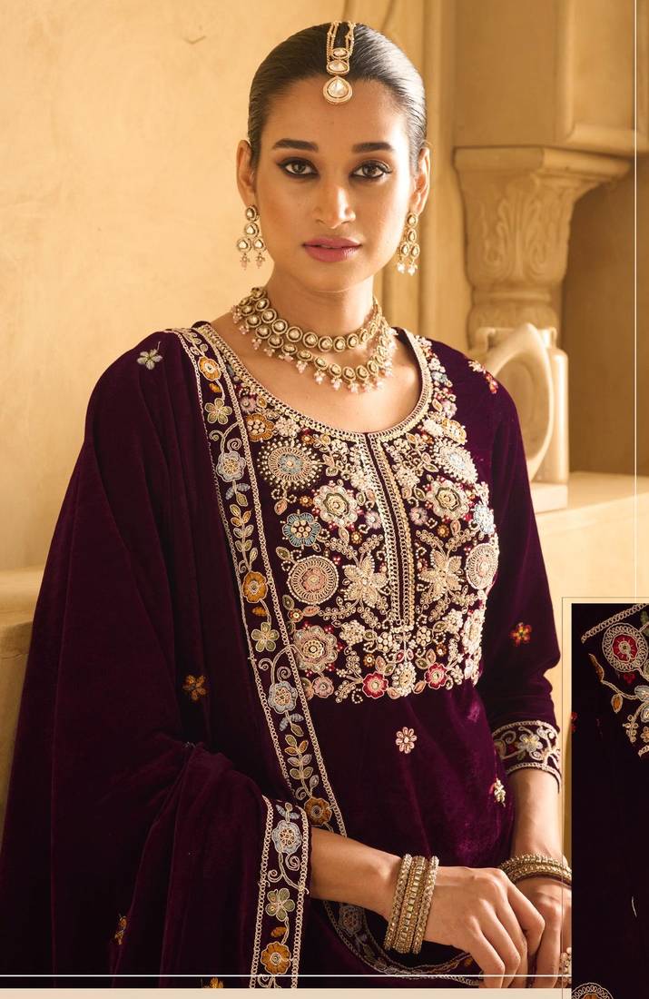 MAROON VELVET SHARARA SALWAR SUIT