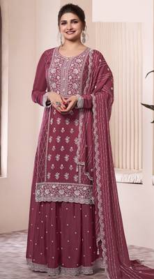 Maroon Embroidered silk sharara suit 1