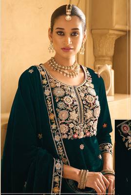 TEAL GREEN VELVET SHARARA SALWAR SUIT 2
