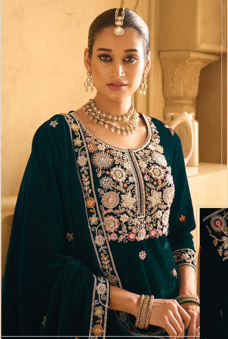 TEAL GREEN VELVET SHARARA SALWAR SUIT