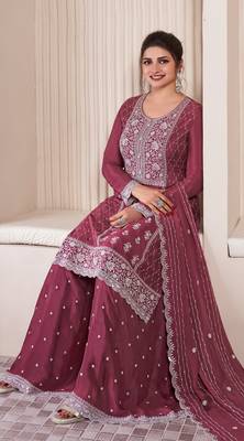 Maroon Embroidered silk sharara suit 3