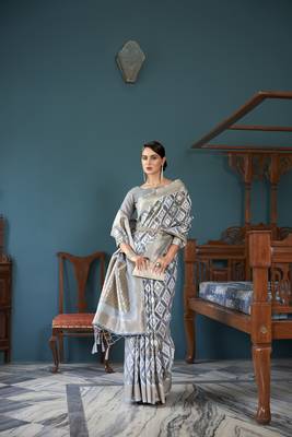 Grey Faux Organza Ethnic Motifs Thread Design Zari Saree With Blouse 2