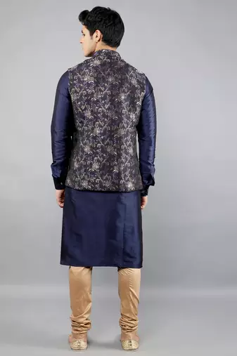 Manish creations men's floral pattan ethnic silk blend kurta sets with nehru jacket