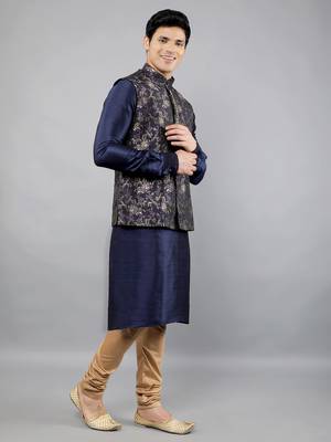 Manish creations men's floral pattan ethnic silk blend kurta sets with nehru jacket 3