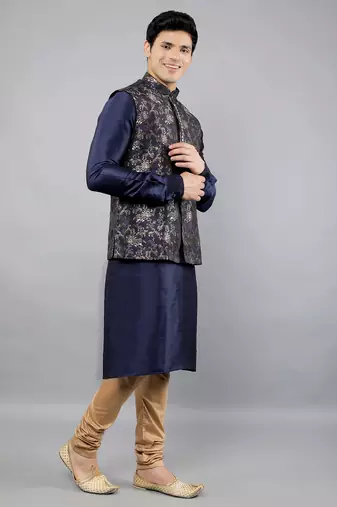 Manish creations men's floral pattan ethnic silk blend kurta sets with nehru jacket