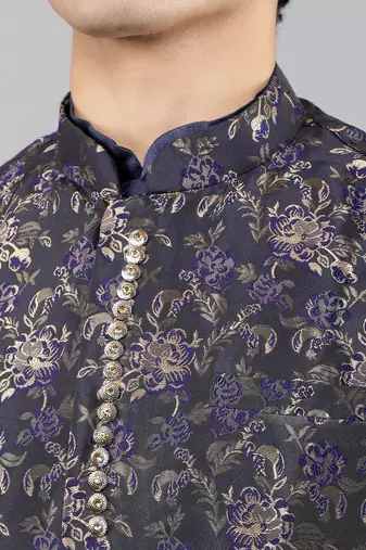 Manish creations men's floral pattan ethnic silk blend kurta sets with nehru jacket
