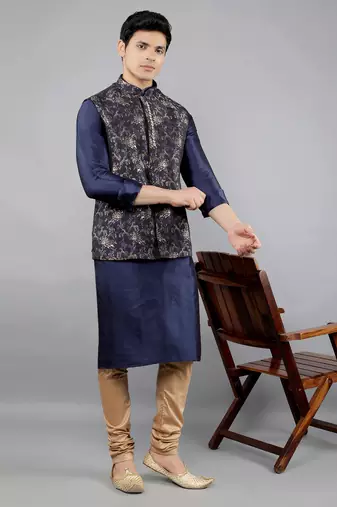 Manish creations men's floral pattan ethnic silk blend kurta sets with nehru jacket
