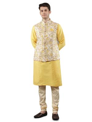 Manish creations men's floral pattan ethnic silk blend kurta sets with nehru jacket 1
