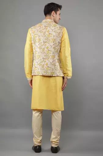 Manish creations men's floral pattan ethnic silk blend kurta sets with nehru jacket
