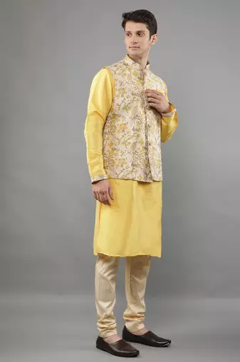Manish creations men's floral pattan ethnic silk blend kurta sets with nehru jacket