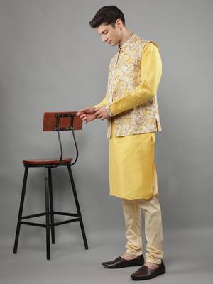 Manish creations men's floral pattan ethnic silk blend kurta sets with nehru jacket 5