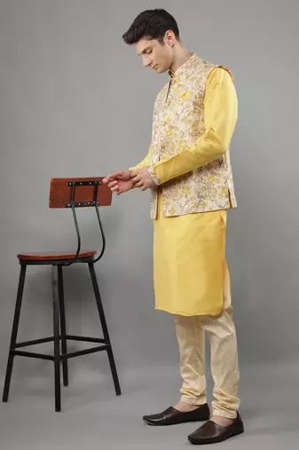 Manish creations men's floral pattan ethnic silk blend kurta sets with nehru jacket