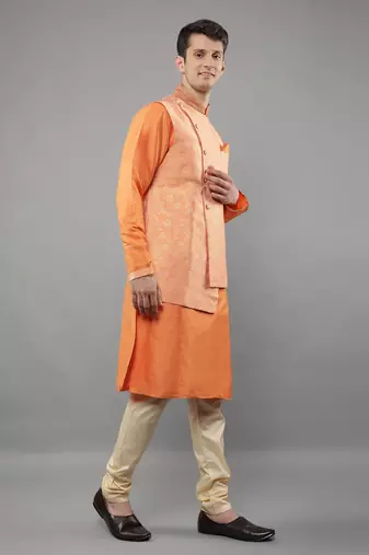 Manish creations men's floral pattan ethnic silk blend kurta sets with nehru jacket