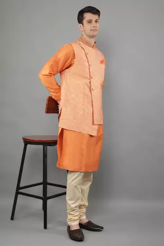 Manish creations men's floral pattan ethnic silk blend kurta sets with nehru jacket