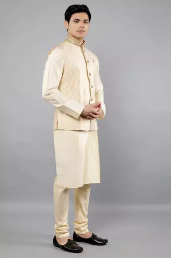 Manish creations men's ethnic motifs silk blend kurta sets with nehru jacket