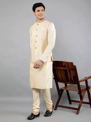 Manish creations men's ethnic motifs silk blend kurta sets with nehru jacket 5