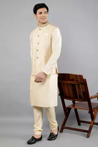 Manish creations men's ethnic motifs silk blend kurta sets with nehru jacket