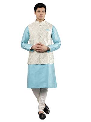 Manish creations men's floral pattan ethnic silk blend kurta sets with nehru jacket 1