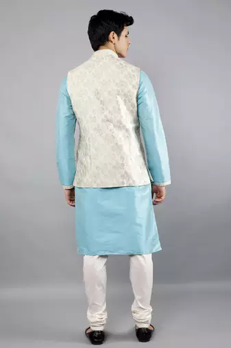 Manish creations men's floral pattan ethnic silk blend kurta sets with nehru jacket