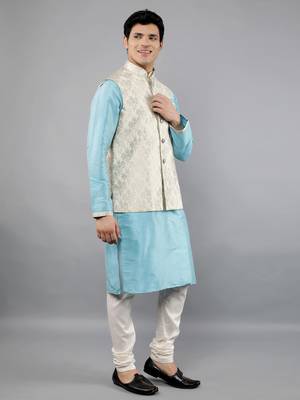 Manish creations men's floral pattan ethnic silk blend kurta sets with nehru jacket 3