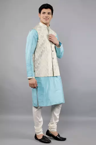 Manish creations men's floral pattan ethnic silk blend kurta sets with nehru jacket