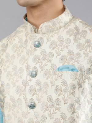 Manish creations men's floral pattan ethnic silk blend kurta sets with nehru jacket 4