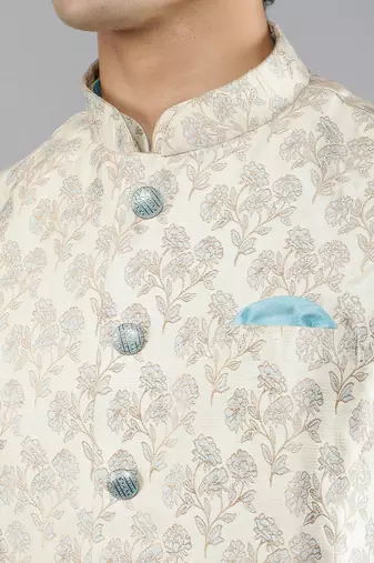 Manish creations men's floral pattan ethnic silk blend kurta sets with nehru jacket
